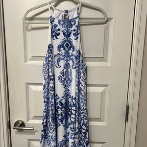 Show Me Your MuMu Blue and White Halter A-line Mini Dress